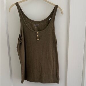 J. Crew Olive Scoop-Neck Linen Tank with Button Placket